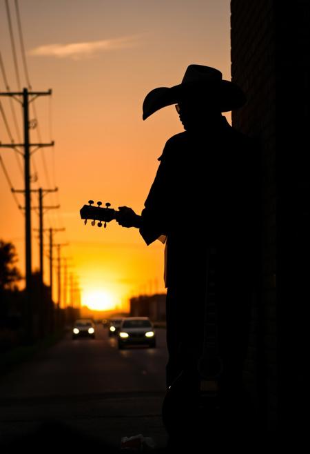 A silhouetted musician stands against a brick wall at sunset, wearing a large cowboy hat and holding a red electric guitar. The scene captures a rural road with Cadillac cars passing by, flanked by power lines. The soft hues of the setting sun blend into the background, creating a dramatic ambiance.