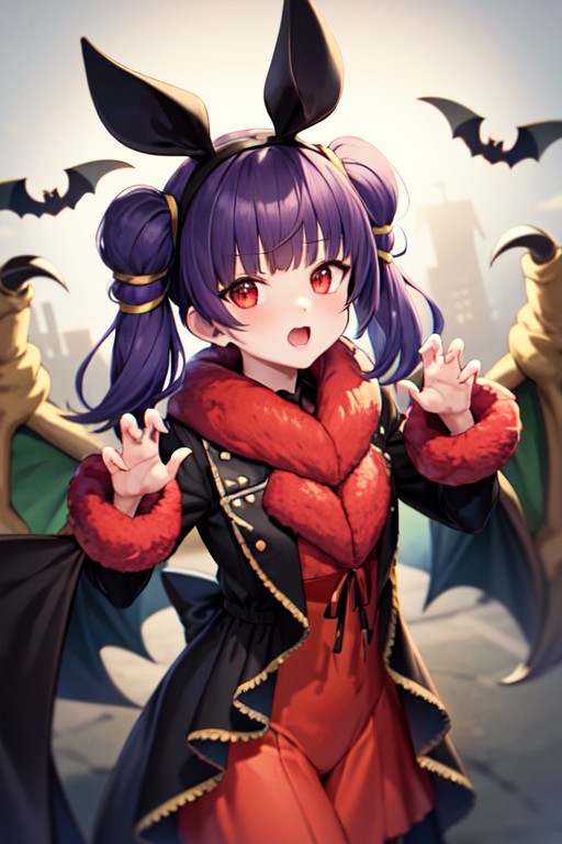<lora:Myrrh_fe_v1:.65>, myrrh_fe_halloween, claw pose, halloween, hairband, fur trim, bat ears