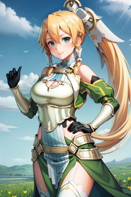 masterpiece, best quality, highres, leafa terraria, green eyes, blonde hair, long hair, bangs, hair between eyes, ponytail, hair ornament, twin braids, hair tubes, green dress, detached sleeves, cleavage, armor, breastplate, black gloves, bare shoulders, garter straps, white thighhighs, smile, looking at viewer, outdoors, day, blue sky