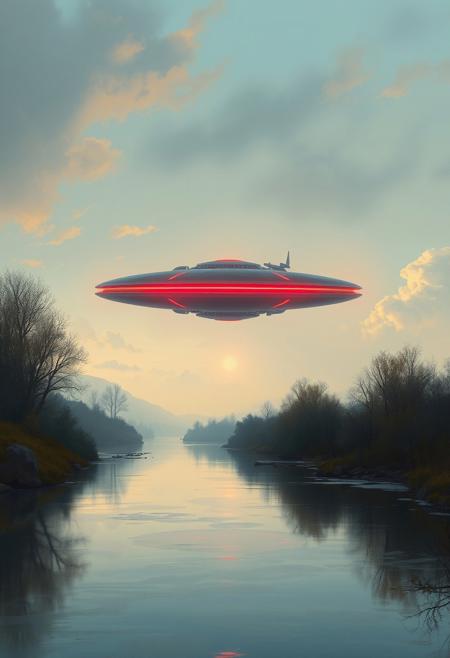 A quiet river reflecting the sky, with a futuristic neon-lit spacecraft hovering just above the water’s surface
classical landscape realism meets futuristic surrealism, finely detailed natural scenery with bold sci-fi elements, soft atmospheric lighting, rich and muted color palette, precise brushwork with smooth gradients, juxtaposition of historical landscapes and modern dystopian themes, lone figures in vast spaces, subtle storytelling through contrast, nostalgic yet futuristic ambiance, balance of realism and surreal isolation, dreamlike yet grounded compositions