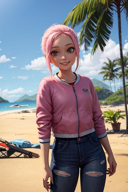 ((masterpiece,best quality)), absurdres,
<lora:Brooklynn_Jurassic_Park:0.5>, Brooklynn_Jurassic_Park,  pink jacket, torn jeans, 
solo, smiling, looking at viewer, cowboy shot, 
tropical background, cinematic composition, dynamic pose,