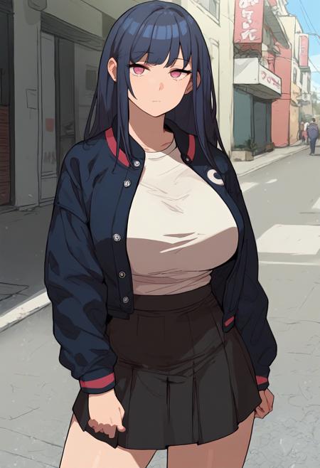 long hair, purple eyes, pink eyes, blue hair, sidelocks low ponytail, hair over shoulder, necklace, off shoulder, blue shirt, buttons, short sleeves, puffy sleeves, high-waist skirt, white skirt letterman jacket, multicolored jacket, black jacket, white shirt, t-shirt, collarbone, long sleeves, black skirt, miniskirt white shirt, collarbone, sleeveless shirt, black pants