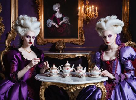 2 women sitting by a table drinking tea,baroque furniture,baroque style purple dress,large white baroque hair,
pale skin,vampire,red lips,red eyes,
Baroque,