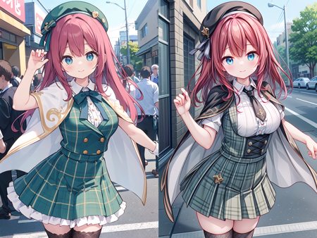 <lora:hyperdetailer_v095:1>
insanely detailed, absurdres, ultra-highres, ultra-detailed, best quality,
1girl, solo, nice hands, perfect hands,
BREAK
((gothic dress, Idol costume):1.3), (green and white theme:1.2), (white blouse:1.4), ((white collar, tie):1.3), (open short-cape:1.3), (short sleeve:1.2), (green tartan-check pattern (ruffle-skirt, multilayer-skirt):1.4), (white basque-beret with ribbon:1.3), (Fishnet stockings:1.3), (glove:1.2)
BREAK
happy smile, laugh, closed mouth, standing,
45 angle,
cute pose, cowboy shot,
BREAK
slender, kawaii, perfect symmetrical face, ultra cute girl, ultra cute face, ultra detailed eyes, ultra detailed hair, ultra cute, ultra beautiful,
BREAK
in harajuku, shibuya, tokyo, street, crowd, cityscape,
BREAK
large breasts,
(red hair, blue eyes), hime cut