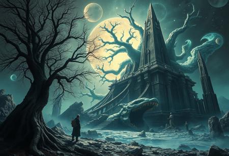 BEHOLD moblin, A universe inside a universe within mysteriously unknowable known in an unfathomable realm of fantastic creation inhabited by ancient shadows of a forgotten time beyond the gate of the gateless gate where life is limitless, light is shadow and shadow is light, eerie sense, horror, spark of the beginning, existence and nonexistence at once, ethereal, behold the end of the beginning, inglorious glory to the dark one, betrayal of the ancient order, beware 7headed beast, destroyer of old ways, bearer of unbearable, nightmarish, archaic runes, tree aging backwards, breath of gods, ruins of a place unimagined, extreme intricate detail, photorealistic, beyond epic scene, fate discarded, unseeable face of god, the end is the beginning, the beginning is the end, man arises as god dies, as above so below, as below so above, emerald tablet, thoth, guardian and saboteur of existence, hopeless hope, ghosts of the unborn, conception of the inconceivable, cosmic well of imperceptible perception, evil aura, infinite emptiness, pillars of void, overwhelming subtlety, abstract sacred geometry, beams of readiness without intention, gift of doom, despair of the ages, hidden secret warnings from dead gods, carved by the conductor of unholy loneliness of time incarnate, consumed by the night itself, beautiful tragedy of hellish discovery, unraveling mist of unreal reality, philosophers stone, proclaim the nameless name of collapsed eternity, infernal maleficium, flameless fire
