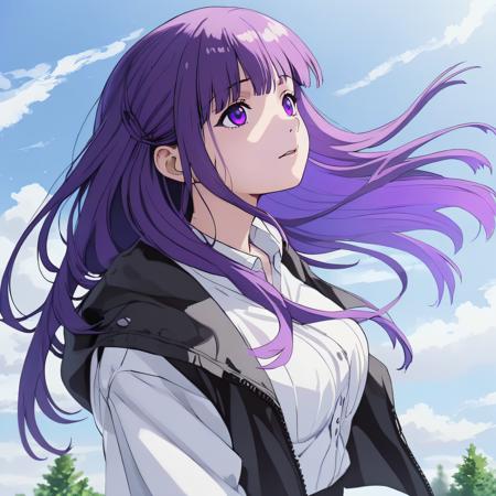 Fern 1girl,solo,long hair,looking at viewer,bangs,shirt,gloves,long sleeves,holding,closed mouth,purple eyes,jacket,white shirt,upper body,purple hair,multicolored hair,frills,hood,blunt bangs,coat,black jacket,black coat