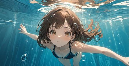 foreshortening,  depth of field, masterpiece, best quality, 1girl, brown hair, brown eyes,  long hair, underwater, air bubble, solo, looking at viewer, school swimsuit, swimming,  dappled sunlight,