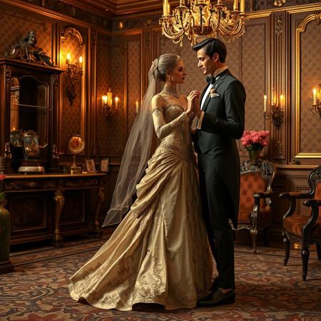 Full height view. An Edwardian automata brass robot Gibson Girl wearing an elegant Edwardian evening gown is dancing with a Gentleman in a sumptuous boudoir, photorealistic