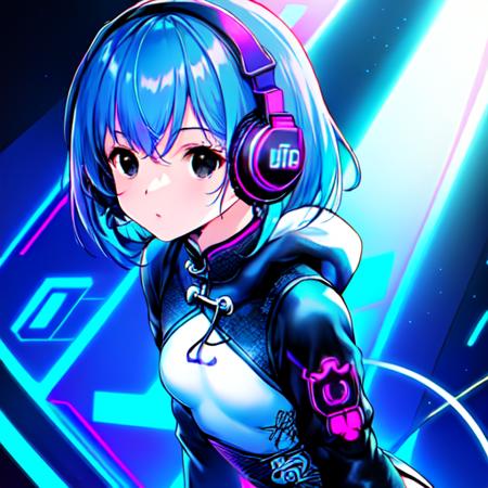 cute girl in cyberspace, headphones, solo focus, extremely detailed face,(official art:1.3),(best quality:1.2),(highres:1.2),(masterpiece:1.2),(extremely detailed girl:1.2),(sharp focus:1.2),(depth of field:1.2),(perfect lighting:1.2),(best quality:1.2),(god rays:1.2),(1girl:1.3),(small breasts:1.4),(((((black eyes))))), short hair, twintail, (violet aqua hair:1.3), (split color hair:1.3),  neon lights, neon palate, synthwave line art, vaporware, cute, professional lighting, full body,  (black hoodie:1.3),  (white qipao:1.4), circuit vector art, circuit board background,