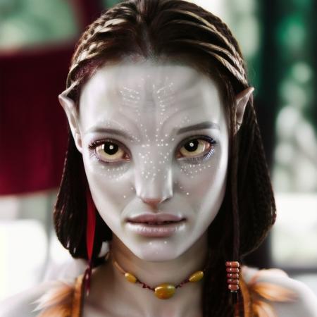 Portrait of a ((stunning)) woman <lora:neytiri1-10:0.8>  <lora:natportman1-10:0.6> mouth slightly open , high quality, 4K, photorealistic, realistic skin texture, gorgeous, angelic, ethereal, exotic, sexy