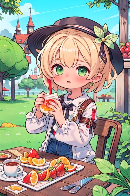 girl,  park,  casual,  cup,  fantasy,  food,  fruit,  green eyes,  hand on table,  hat