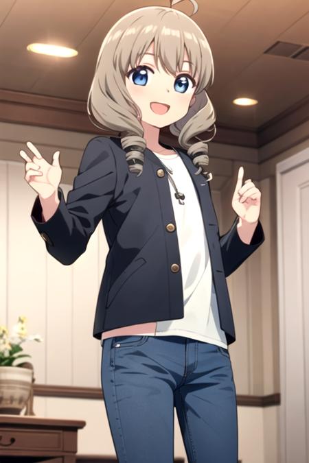 <lora:akiho_scc:0.7> masterpiece, best quality, 1girl, solo, blue eyes, grey hair, ahoge, indoors, drill hair, twin drills, white shirt, black jacket, open jacket, jeans, indoors, smile, open mouth,