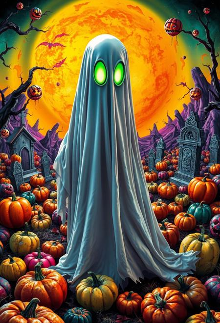 A hyper-stylized image of a Halloween-style bedsheet ghost, surrounded by a vibrant, surreal landscape of colorful pumpkins and twisted, graveyard scenery. The ghost, a classic, white-sheeted figure with holes cut out for eyes, is distorted and elongated, with a melting, Dalí-esque quality to its edges. The pumpkins, a riot of colors and patterns, seem to float and swirl around the ghost, as if they're being blown by an invisible wind. The graveyard scenery is a twisted, surrealist dreamscape of melting headstones, distorted mausoleums, and other bizarre, nightmarish imagery. The overall effect is one of vibrant, eye-popping energy, as if the viewer is gazing into a kaleidoscope of colors and patterns. The ghost's eyes glow with a bright, poppy green light, adding a touch of eerie, supernatural energy to the image. highest-Quality, intricate details, visually stunning, Masterpiece