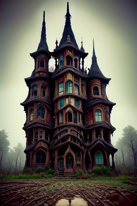 building, gothic in gothbuilding style, goth, horror, creepy, no humans, tree, scenery, outdoors, fog, window, sky, forest, nature, cloud, house, bare tree