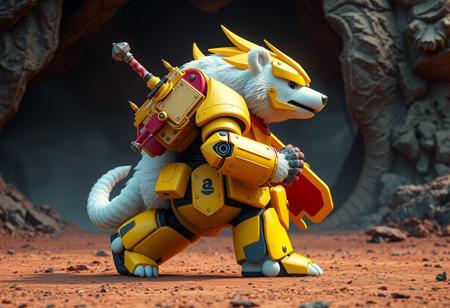 Vibrant yellow Armored White Bear robot, red shield, pink sword, in dynamic action pose on dirt ground, facing right against ominous Cave Dragon background. High-res 4K, Exceptional Quality, Lifelike Details, Super Detailed Eyes, Stunning Harmonious Multi Colors. Beautiful Matte Painting, Impeccable Golden Ratio Composition, Creative Angle, Captivating Cinematic Lighting. Octane Render, Unreal Engine 5, Splash Ink Illustration. Trending on ArtstationHQ, CGSociety. Raphael Style influence, Houdini Style complexity. Handcrafted detail, sharp lines. Playful imaginative scene.