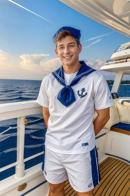 standing on the deck of a luxury yacht, RenoGold, yacht deckhand, white shirt with anchor logo, sailor collar, blue shorts, smiling, masterpiece, ((full body portrait))  <lora:RenoGold-000007:0.8>