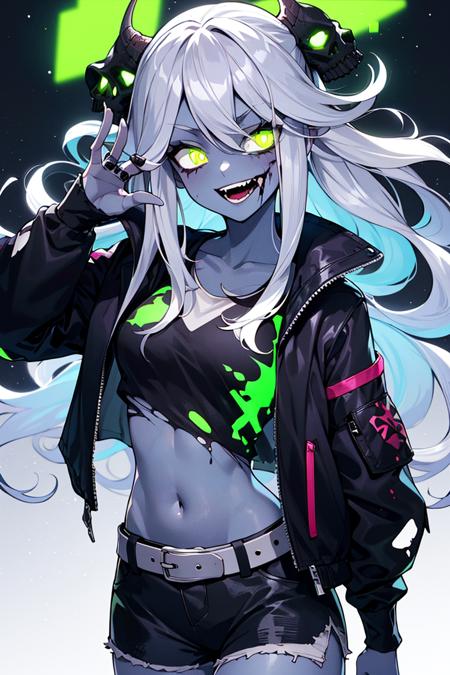 (GlowingNightmare:1), glowing, Nara_AFK, solo, 1girl, grey skin, long white hair, torn clothes, black crop top, jacket, belt, shorts, glowing green, zombie, 