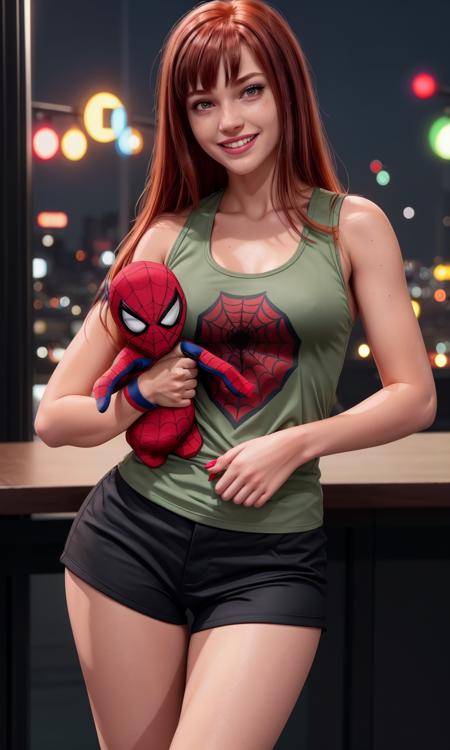 mjw2023, 1girl, 8k, holding stuffed toy spiderman, best quality, trending on arstation, cinematic lighting, masterpiece, black tank top, shorts, socks, looking at viewer, skin pores, detailed skin, raw image, photorealistic, 5 fingers, bangs. long auburn hair, green eyes, cute smile, big breasts, standing