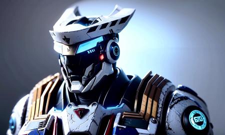 a close up of a robot suit with a helmet on it's head and a blue light on its face, (glowing:0.700), (mecha:0.884), (realistic:0.801), (science fiction:0.923), (solo:0.575)