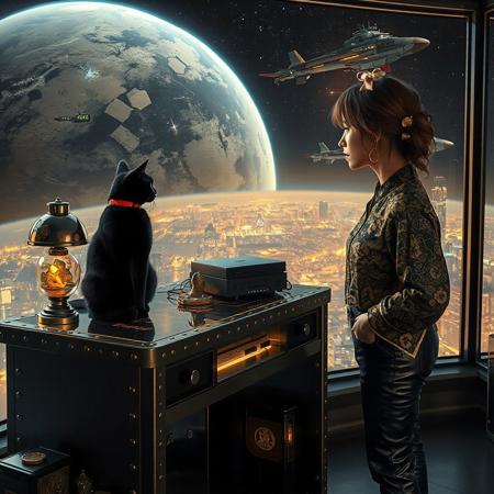 A sleek black cat with red collar sits on a cluttered metal riveted desk with transparent top and micro-LED lighted computer components visible inside, On the desk is a gold and lacquer maneki neko statue and an art deco glass and metal lamp, the Black Cat is looking out of a seamless and futuristic floor to ceiling window that looks out at a planet from low orbit, the planet is covered with the lights of enormous buildings and cities that maintain realistic scale, (((a beautiful woman, 24 years old, is standing next to the desk the cat is sitting on and looking longingly out the window, the woman is dressed in an ornate Japanese style shirt and elegant leather pants with an ornate design. An enormous deco starship with futuristic lighting and an enormous space station are visible in the background among the stars, The woman's hair is messy from just waking up and tied up with a ribbon.  Artistic art deco, dynamic perspective, (((overall architectural aesthetic is Art Deco Cyberpunk))).  Epic image that elicits a feeling of wonder and awe, inspired composition of a master image artist using exact proportionality and exquisite use of colors light and shadows,