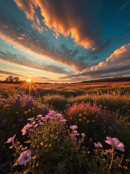 A field of wildflowers, their petals delicately interwoven with fractalvines, blooming in vibrant hues beneath a sky painted with fractal clouds. <lora:Fractal_Vines:1>  <lora:EnvyBetterHiresFixXL01:0:hr=1>