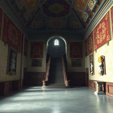 A liminal space inside Peach’s Castle from Super Mario 64. The grand hall is vast and empty, the walls adorned with faded tapestries and statues that seem to stare blankly into space. The floors are cold, the sound of footsteps echoing unnervingly through the stillness. The once vibrant and lively space feels abandoned, with no people, no sounds, and only the weight of silence hanging in the air. The grand staircase leads up into darkness, and the sense of solitude is overwhelming, as if time has stopped and the castle itself is forgotten.