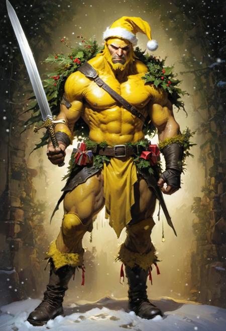 by joe madureira,  (yellow, brilliant but extremely beautiful:1.4), (masterpiece, best quality:1.4) , in the style of nicola samori, (a yellow mercenary wearing mistletoes, holding a gigantic sword at christmas:1.5) 
<lora:epi_noiseoffset2:0.5> <lora:add-detail-xl:1> <lora:xl_more_art-full_v1:0.5>  <lora:NicolaSamori:0.7>