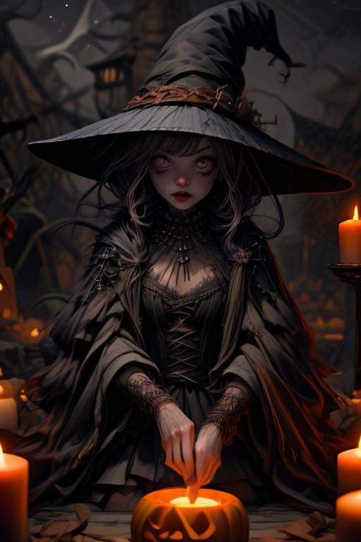 masterpiece, high quality, sharp focus, depth of field,
beautiful woman, 
spooky graveyard, night, ((pumpkins)), (candles), detailed background, witch style clothes, witch hat,