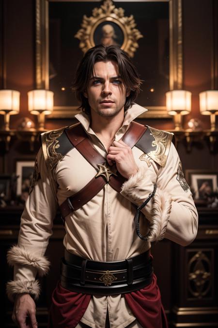 1man, photography, upper body of trevorbelmont man in palace, (blue eyes:1.1), brown hair, holding whip, paintings, ornate, details, ornament, dim light, dawn, bokeh background, horror \(theme\), spooky lighting, <lora:ARWBedroomGothic:0.6>   <lora:ARWTrevorBelmont:1>