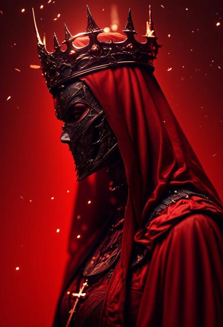 (score_9, score_8_up), score_7_up,  nosferatu vampire lord, simple background, jewelry, upper body, hood, necklace, armor, from side, mask, halo, helmet, cross, crown, veil, cloak, red background, spikes, hood up, robe, red theme, covered face, helm
, 
depth of field, blurry background, black background, dark, CINE, embers, 
 <lora:unholy-000009:0.75>   <lora:CINE-000008:0.5>