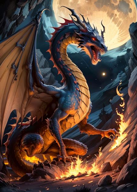 dragonesnomana,red eyes,dragon,wing,nigth,moon,(egg),fire,teeth,gold,cave, <lora:draconic-10:0.75>