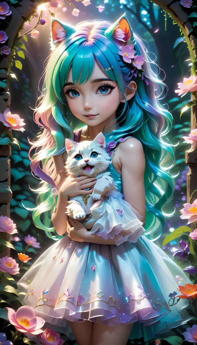 A young girl holding a white cat in a blue dress with flowers in her hair.