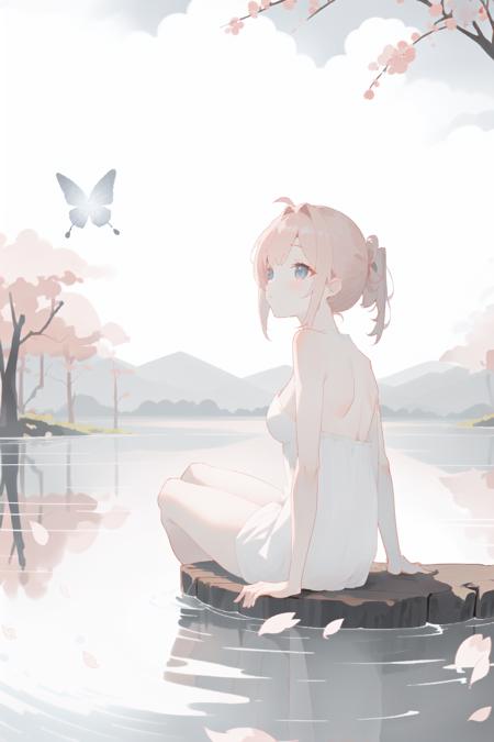 masterpiece, best quality, ultra-detailed, illustration, 1girl, solo,((sitting in the shallow water, surrounded by pink sakura petals floating on the water)), butterfly, wisteria, electricity, blue sky, cloudy sky,(large breasts), ((eye focus)), expressionless, critical angle, bokeh, depth of field, ((eye focus)), light glowing particles, arms behind back,