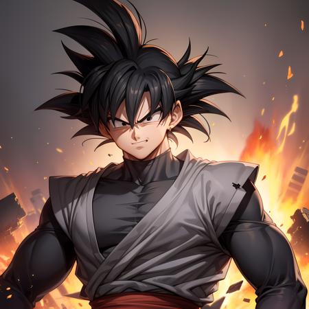 ((masterpiece, best quality)),(complex light), 1boy,solo,upper body, goku black,black hair,black eyes,  <lora:goku_black1-10:0.8>,destroyed debris background,smirk, fire,