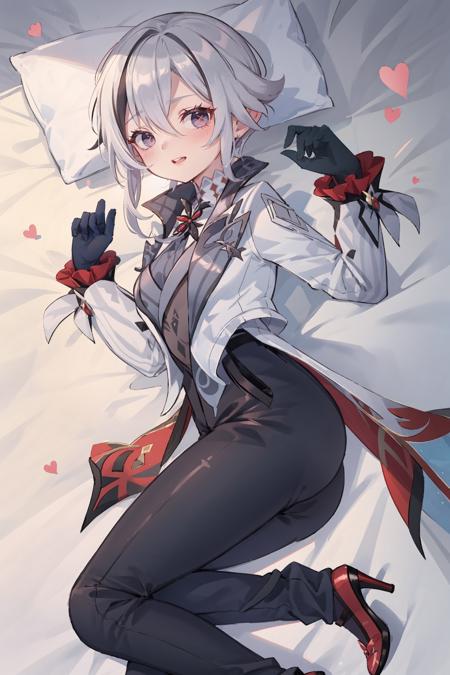 1girl, arlecchino \(genshin impact\), black gloves, grey tailcoat, black pants, grey vest, grey shirt, high heels, looking at viewer, aroused, blush, open mouth, lying, bed sheet, hands up