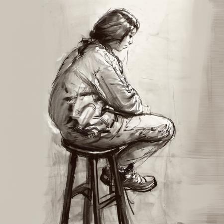 Girl sitting on a stool, single quick sketch, sketch, lines, solid color background, (masterpiece, best quality, official art), 8k, quick_sketch, sketch, fine_arts, <lora:quick_sketch-000005:1>