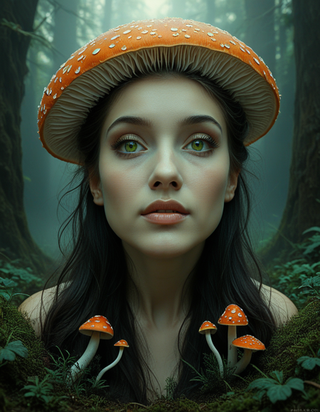 A hyperrealistic portrait of an old, melancholic face with deep wrinkles and gray, biomimetic, textured skin., 
The big green eyes are intense and expressive, with slightly yellowish, veined whites that reflect sadness and, 
a haunting sense of decay and lifeâs trials. A subtle hint of moisture in the eyes enhances the emotional depth., 
Not hair but a lot of large and small mushrooms in warm orange and ocher tones grow organically out of his head in, 
a biomorphic manner, featuring velvety surfaces and delicate reflections, symbolizing a whimsical, 
fairytale-like symbiosis between humanity and nature. The surreal composition feels both eerie and magical, 
evoking an enchanting, stygian atmosphere of fantasy. Side lighting softly illuminates the face, emphasizing, 
the intricate textures of the skin and mushrooms while casting gentle shadows to create depth. The background is dark, 
with vague, misty botanical silhouettes and an organic, ethereal quality, blending realism with a whimsical, 
fairytale aesthetic. The overall mood is gloomy yet magical, a blend of decay and life, rooted in nature but tinged, 
with a fantastical, biomimetic surrealism. This fusion of the organic and the fantastical evokes a deep sense of, 
connection to the eerie beauty of the natural world., digital illustration, smoke and gas spirit rising up, 
AHaunted.aesthetic., Hyperrealism &Surrealism, flux-style, Smooth Quality, ArsMJStyle, Colored pencil hyperdetailed realism, <lora:clear:1>, <lora:FF.101.juggernautXL_version6Rundiffusion.LORA:0.6>, <lora:Hyperdetailed_Colored_Pencil:0.7>, <lora:greg_rutkowski_xl_2:1>, <lora:Flux-style-xl-lora:1>