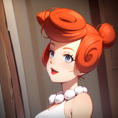 ((masterpiece, best quality)),(complex lighting) ,upper body, solo, wilma flintstone, red hair, ponytail bun, <lora:Wilma_Flintstone1:0.8>,white dress, pearl necklace, closed mouth,  lipstick,