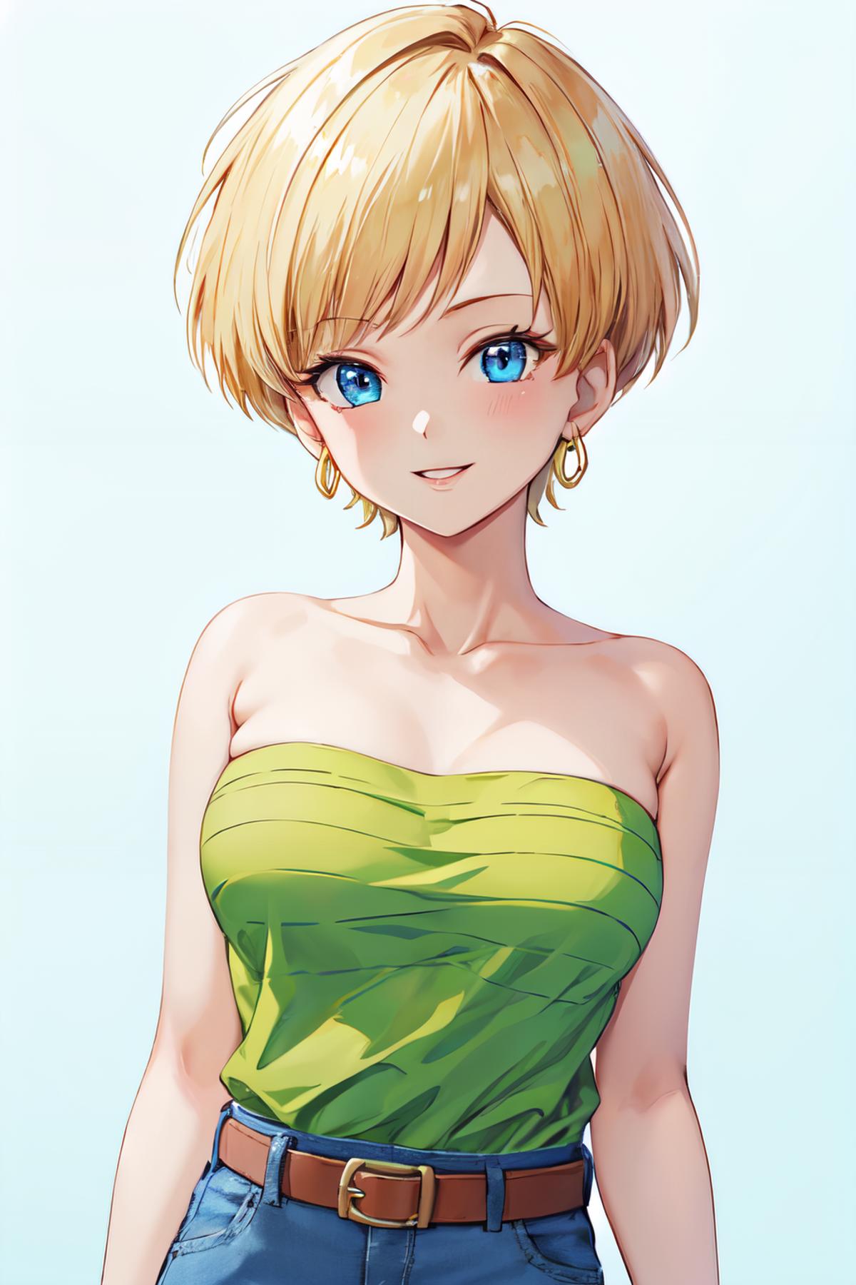 A cartoon image of a woman wearing a green dress with blue eyes and earrings.