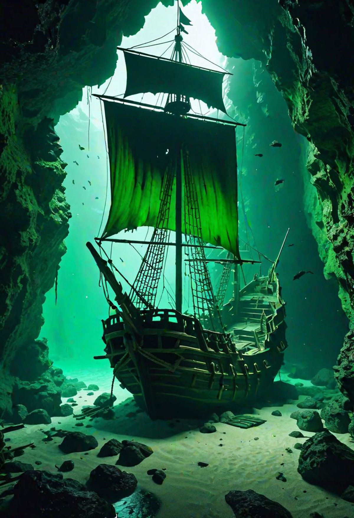 a dark eerie entrance of a pirate cave with a big pirate ship wreck with a broken mast, green creepy colors, dark vibes, o...