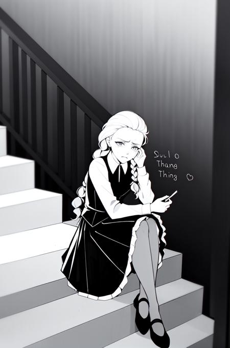 katsmir, 1girl, solo, sad, braid, single braid, long hair, tears, school uniform, hair over shoulder, sitting, sitting on the stairs, writing on the wall,  skirt, monochrome, grayscale, indoors, school corridor, ballet flats <lora:katsmir-15:0.55>  <lora:LowRA:0.35>