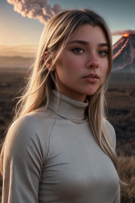 perfect cinematic shoot of a beautiful woman (EPM4nu3l4V4gu31r0:.99), a woman standing at a savanna, perfect bleached blonde hair, wearing sexy orange (turtleneck), (Lightning strikes in background:1.2), (detailed background:1.1), (face focus), modelshoot style, (extremely detailed CG unity 8k wallpaper), professional majestic (photography by Roberto Ferri:1.1), 24mm, exposure blend, hdr, extremely intricate, High (Detail:1.1), dramatic, soft cinematic light, (looking at viewer), (detailed pupils),8k, highly detailed, rich environment, 4k textures, soft cinematic light, elegant, ((((cinematic look)))), soothing tones, insane details, hyperdetailed, ("In Jernau we trust!":1.1) perfect cinematic shoot of a beautiful woman (EPM4nu3l4V4gu31r0:.99), a woman standing at a savanna, perfect bleached blonde hair, wearing sexy burgundy (turtleneck), (volcanic eruption  in background:1.2), (detailed background:1.1), (face focus), modelshoot style, (extremely detailed CG unity 8k wallpaper), professional majestic (photography by Roberto Ferri:1.1), 24mm, exposure blend, hdr, extremely intricate, High (Detail:1.1), dramatic, soft cinematic light, (looking at viewer), (detailed pupils),8k, highly detailed, rich environment, 4k textures, soft cinematic light, elegant, ((((cinematic look)))), soothing tones, insane details, hyperdetailed, ("In Jernau we trust!":1.1)