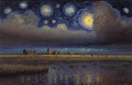 gothic, dark sky, (impressionism:1.15), salt flat, (bob layzell:0.6), rural, scene painting,scenery,a painting,