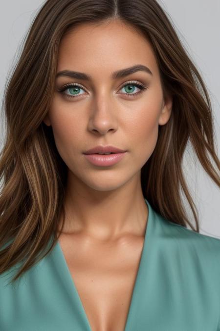 a close up shot of a beautiful girl, realistic green eyes, blue dress, sport