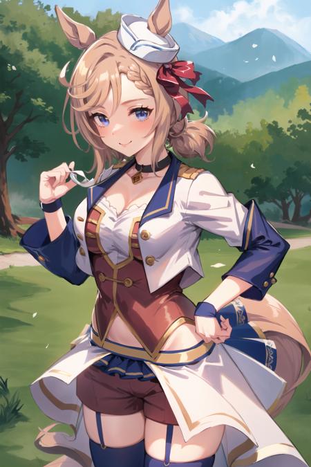 best quality,masterpiece, high res,original, beautiful detailed eyes,ultra-detailed, 1girl, solo, venus park \(umamusume\), standing, blush, smile, looking at viewer, detailed background, outdoors, (starting future)
  <lora:venus park:0.9> <lora:starting future:1>