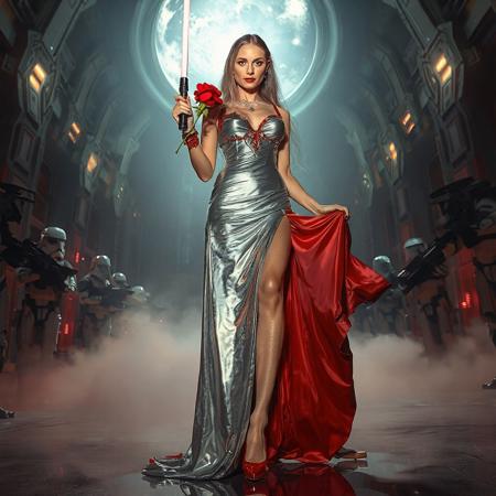 slender arrogant cold femme fatal russian princess wearing  rich  full skirt glossy silver foil  high slit gown, small size opulent glossy red  high heels, jewels, lace top stockings, elegant small light saber in her right hand,  red rose in her left hand, her lifted  long skirts are waiving, covered with ultrathin slime long veils,  posing standing, view from below,  evil grin, green eyes, lipstick, giant portal to outer space, fog from the floor, empire spaceship hangar, surrounded by halo odst troopers, TIE spaceships at the background, fashion look, hollywood, vogue makeup, porcelain skin, long haired, ultrathin waisym reminiscent of Lucas, Spielberg styles, with close-up glamour photography and dramatic lighting view from below,