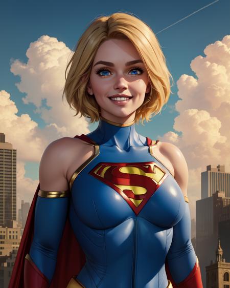 kara,short blonde hair,blue eyes,
blue body suit,S (symbol\),red cape,red gloves,shoulder pads,bare shoulders,shoulder bands,
standing,upper body,
morning,metropolis city,cloudy sky,
(insanely detailed, beautiful detailed face, masterpiece, best quality),smile,
<lora:supergirl-10IJ2:0.8>,