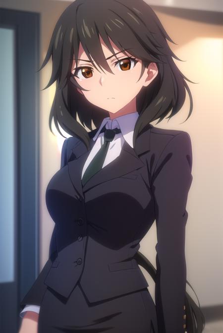 chifuyuorimura, <lora:chifuyu orimura s2-lora-nochekaiser:1>,
chifuyu orimura, long hair, bangs, black hair, hair between eyes, (brown eyes:1.3),
BREAK skirt, shirt, long sleeves, jacket, white shirt, necktie, black skirt, black jacket, formal, suit, black necktie, pencil skirt, skirt suit,
BREAK indoors, classroom,
BREAK looking at viewer, (cowboy shot:1.5),
BREAK <lyco:GoodHands-beta2:1>, (masterpiece:1.2), best quality, high resolution, unity 8k wallpaper, (illustration:0.8), (beautiful detailed eyes:1.6), extremely detailed face, perfect lighting, extremely detailed CG, (perfect hands, perfect anatomy),