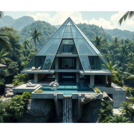 futuristic complex pyramid style house from glass steel with  concret structure, with terraces, swimming pool, in a tropical jungle,waterfall, photorealist, masterpiece, 4k, high detailes