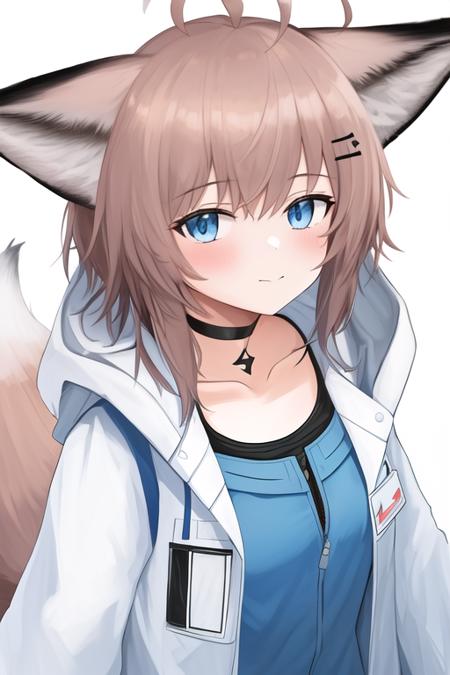 masterpiece, best quality, highres, solo, {sussurro_arknights:1.10}, animal_ears, fox_ears, ahoge, blue_eyes, short_hair, bangs, fox_girl, oripathy_lesion_\(arknights\), brown_hair, tail, fox_tail, choker, black_choker, closed_mouth, blush, animal_ear_fluff, 1girl, jacket, looking_at_viewer, shirt, blue_shirt, open_clothes, upper_body, white_jacket, hood_down, simple_background, hood, open_jacket, white_background, white_coat